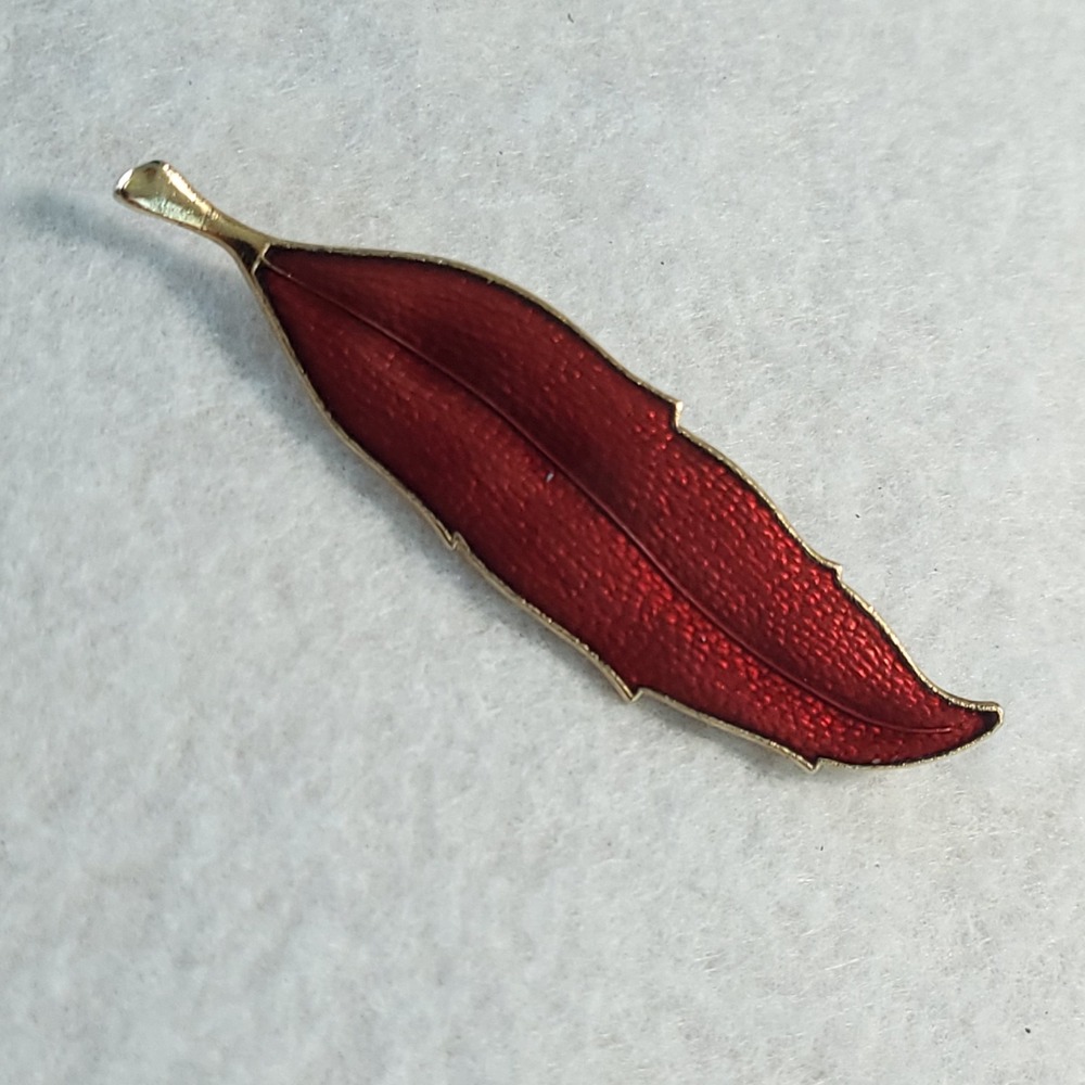 Vintage Red Enamel Leaf Brooch Gold Tone Long Botanical Statement Pin